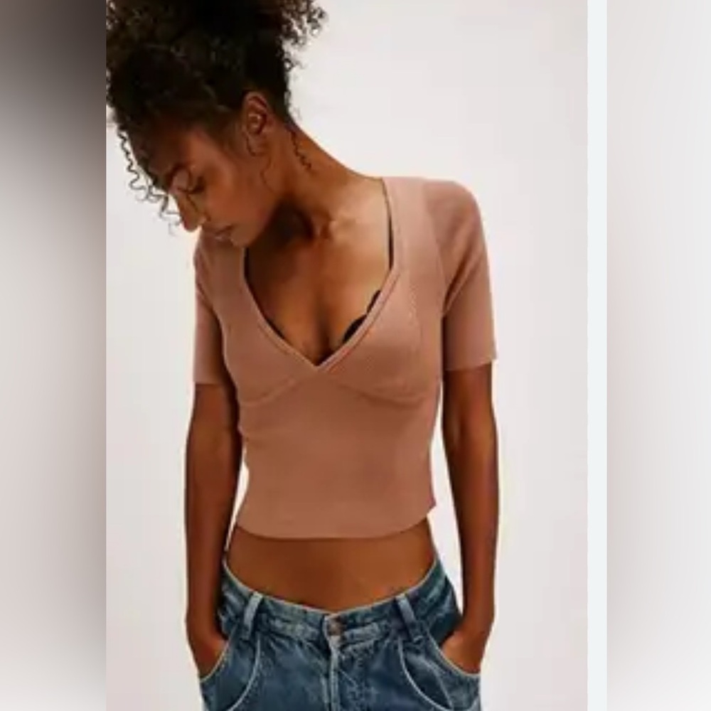 Free People Intimately Short Sleeve Sweetheart Soft Knit  Crop Top Small